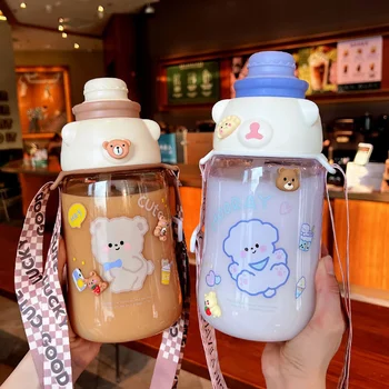 Симпатичная пластиковая чашка с забавным медведем, большая емкость, термостойкая чашка, портативная летняя студенческая бутылка для воды для девочек