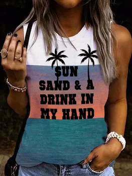 Солнечный Песок, напиток в моей руке, майка с цветным блоком, топы с 3D принтом, уличная одежда в стиле ретро, женский жилет с открытыми плечами, камзол, одежда