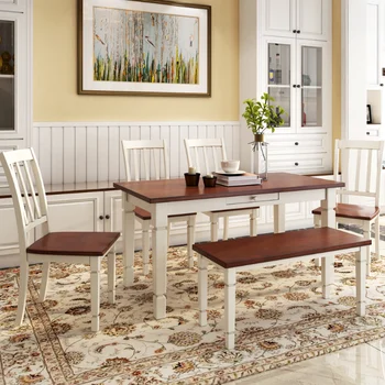 Стильная деревянная мебель TREXM Кухонный стол из 6 предметов с эргономичными стульями (коричневый + коттеджный белый)