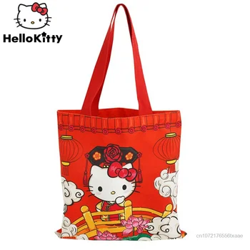 Сумки Sanrio Hello Kitty, мультяшная переносная сумка через плечо, женская эстетичная холщовая сумка-тоут с принтом, легкая хозяйственная сумка для хранения