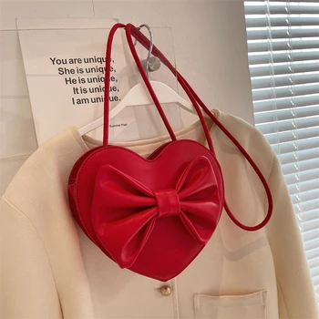 Темпераментная сумочка в форме сердца, женская сумка для вечеринок с бантом, однотонная сумка-мессенджер на одно плечо, женская помада, сумки для макияжа