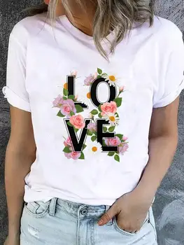 Тенденция любовных писем, милая женская мода, летняя одежда с цветочным принтом, футболки, топ, Базовая футболка с коротким рукавом, графические футболки