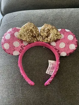 Ушки Минни Маус от Disney Parks, розовый в горошек золотой бант, 2021 повязка на голову с блестками