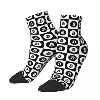 Черно-белые носки Kawaii в клетку с рисунком Биткоина, Походные носки с мультяшным рисунком