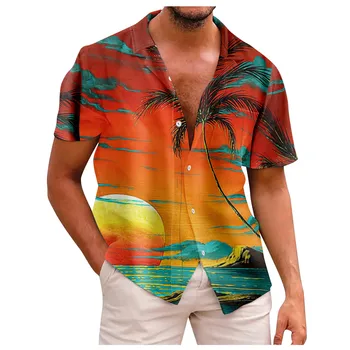 Элегантные мужские рубашки Harajuku с 3D рисунком 2023, Летняя Свободная рубашка на пуговицах С коротким рукавом и карманом, Повседневная Гавайская рубашка рубашка мужская