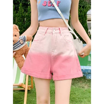 Япония и Южная Корея Повседневные джинсовые шорты градиентного розового цвета, женские летние модные универсальные широкие шорты трапециевидной формы с высокой талией 2023 года